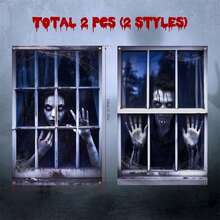 万圣节鬼窗帘万圣节窗户剪影恐怖女性男性血鬼骷髅窗户遮盖万圣节窗户海报装饰品适用于室内室外派对装饰 - 彩色 - 查看 6