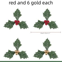 12 件假蔓越莓和冬青浆果树枝用于派对节日家居装饰和 DIY 花环，适用于圣诞花环、蛋糕、工艺品、婚礼派对家居（6 金色 + 6 红色） - 彩色 - 查看 2