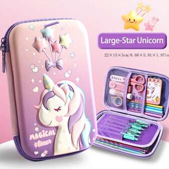 1 pieza Estuche para lápices de gran capacidad con diseño de unicornio, material 3D de EVA, diseño de doble capa, adecuado para niñas de escuela primaria y secundaria, nuevo estuche para lápices colorido, caja de papelería con estilo de dibujos animados