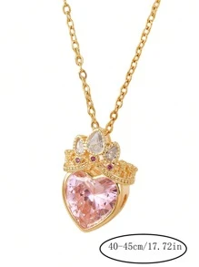 1pc Girl Pink Crown & Heart Pendant Necklace - Ideal Gift For Birthday