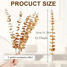 12 piezas de hojas artificiales de eucalipto tropical con tallos, para suministros de fiesta de cumpleños con tema de selva, centros de mesa de boda, arreglos florales, decoración del hogar de estilo granja. (Dorado) (Sin jarrón) Mejor regalo