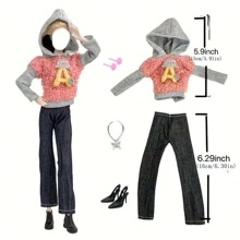 手工娃娃配饰时尚套装，冬季娃娃服装，休闲夹克，带口袋和帽子。1套包含：1套服装，1条项链，1双鞋子（款式和颜色随机），1对耳环。适用于11.8英寸娃娃（娃娃不包含）