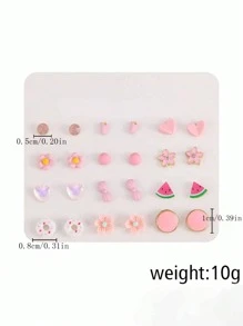 12pairs Kids Cute Minimalist Donut, Fruit, Flower, Heart Shaped Earring Set - Pink - View 5
