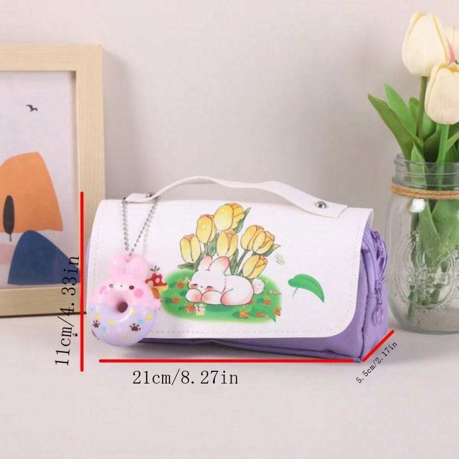 Trousse Frieren à Motif Fougère 3D - Double Couche, Grande Capacité 21x11x5,5 Cm, Toile, Pour école Ou Voyage