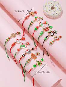 12pcs Cute Santa Claus Snowflake Reindeer Gingerbread Penguin Christmas Tree Snowman Adjustable Bracelet Set Christmas Gift - Multicolor - View 2
