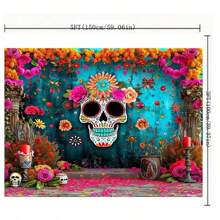 Tela de fondo para el Día de los Muertos tradicional mexicano, con pintura colorida de flores, calavera, vela, decoración para fotografía de retrato, bandera de vinilo, decoración navideña - Multicolor - Ver 4