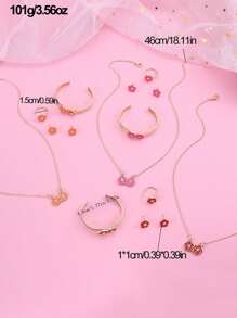 5 Stücke/Set Mädchen Blumen Halskette, Ohrringe, Armband, Ring Schmuckset - Blumen - Übersicht 6