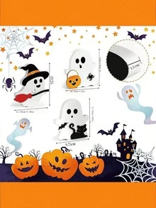 1 Stück süße Halloween Dekoration Geist für Innen, dekorative hölzerne mehrstufige Tablett Dekoration, Schilder mit schwarzer Katze, Fledermaus, Besen und Kürbis Blöcken für Party, Heim und Regal Präsentation