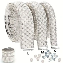 自粘式水钻条纹丝带，塑料和树脂，装饰珍珠胶带，适用于 DIY 工艺品、手机、汽车艺术、婚礼、生日配饰 - 1 卷（90 厘米/35.43 英寸） - 白色 - 查看 6