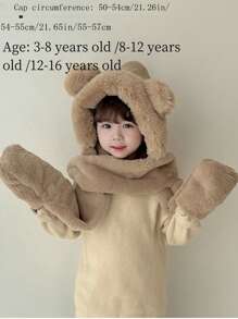 Toddlers' Winter Cute Bear Earflap Hat With Scarf And Gloves 3-In-1, Thermal Lined Windproof Kids Hat, Unisex - Solid Color Ears Plush Three-piece Hat - View 3