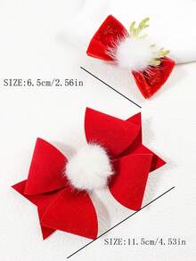 2pcs Girls Christmas Red Pompon Bow Hair Clips, Cute & Elegant All-Match Hair Accessories