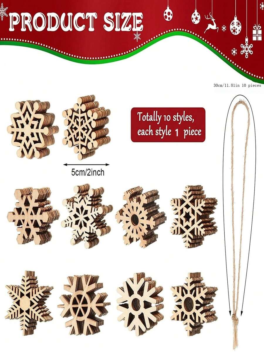 10 件未完成木制雪花工艺品，圣诞树 DIY 装饰品，带绳索的空心雪花装饰 - 原木色10個裝 - 查看 1