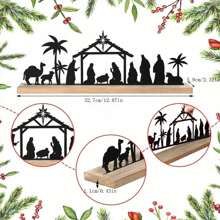 1 pièce Scène de Nativité en métal noir avec base en bois Figurines de la Nativité Décorations pour Noël Décorations de table de Noël, Fournitures pour fête, Décorations d'intérieur