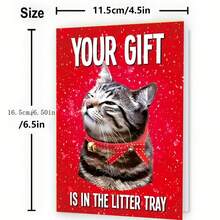 带信封的圣诞猫咪贺卡 - 适合任何人的有趣动物主题卡片，“您的礼物在猫砂盘里” - 身着节日服装的卡通猫咪，英语，非常适合圣诞节场合 - 1 包 - 彩色 - 查看 2