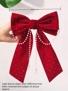 1pc Girls' Fashion Rhinestone Bow Pearl Decor Spring Clip (Random Pearl Quantity) - Rose Red - View 4