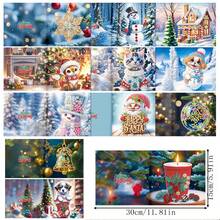 12 件钻石画套装：冬季仙境贺卡 - 雪景中的可爱小猫和小狗 - 非常适合圣诞节和新年祝福 - 彩色 - 查看 2