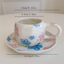 1 套咖啡杯碟手绘花心陶瓷杯带碟家庭办公室水杯早餐牛奶茶杯礼物 - 彩色 - 查看 3