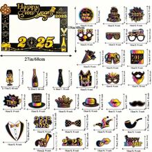 31 pezzi 2025 Cornice per foto set per feste di capodanno + set di maschere per feste tenute in mano, Accessori per cabina fotografica in carta per feste di capodanno, utilizzati per la decorazione delle feste di capodanno