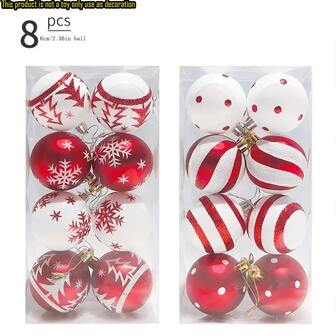 8pcs/Set Painted Christmas Balls In Red And White, Elegant Painting Style, Red And White Color Matching, Suitable For Christmas Party Decoration