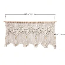 1 szt. makrama, duża ścienna dekoracja z włókien, ręcznie tkana krótka zasłona z frędzlami, zasłona do kuchni z frędzlami, krótka dekoracja na drzwi – drewniany pręt nie jest dołączony