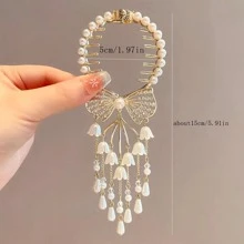 1pc Rhinestones Bow Lily Hair Buckle Flower Tassel Ponytail Clips Glitter Exquisite Hair Accessories For Girls - Gold - View 4