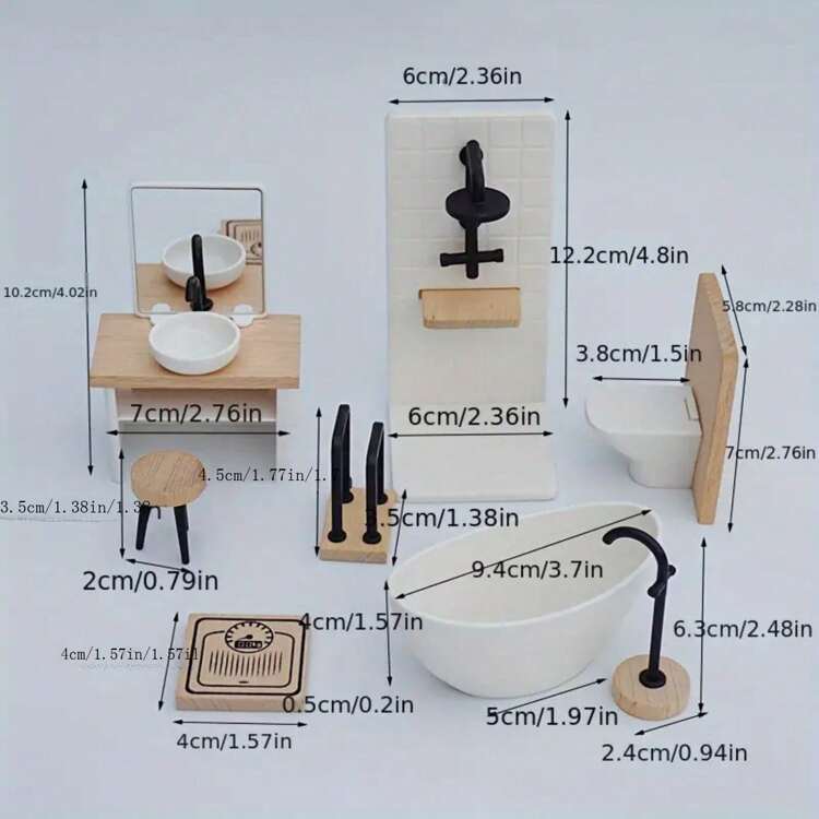 1/12 Ensemble de meubles de salle de bain pour maison de poupée, décoration de scène de salle de bain, douche pour maison de poupée, coiffeuse élégante, balance miniature, toilettes, baignoire, robinet, porte-serviettes, construisez votre merveilleux monde de maison de poupée ! - Multicolore - Voir 5