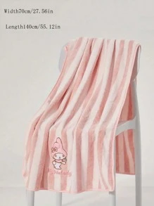 Sanrio 1pc Sanrio Cute Cartoon Themed Bath Towels, Super Absorbent Coral Velvet Bath Towels, Modern Striped Designs, Cute Character Embroidery, Knitted Fabrics - Ideal For Bathing And Wiping Hair
