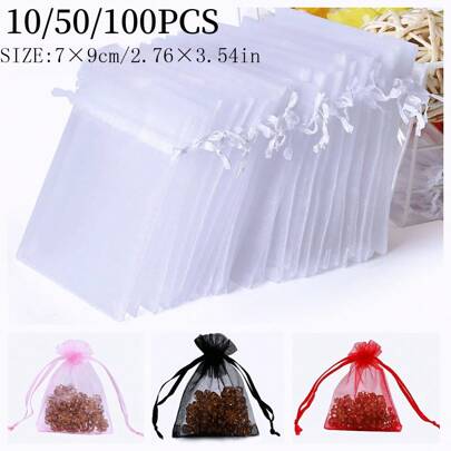 10/50/100 unidades de sacolas de organza para presente, sacolas para lembrancinhas de casamento, tamanho 7 x 9 cm, materiais de embalagem para presentes para feriados, eventos e festas, casa e decoração, artigos para festas de casamento, bolsas para embrulho de presente para centro de mesa, sacolas para embalar bolos, sacolas para embalar joias, sacolas de malha para presente de eventos e festas, adequadas para vários festivais, celebrações, festas ao ar livre, todas as estações, sacolas de malha anti-insetos para frutas, volta às aulas, dia dos namorados