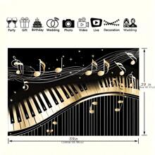 1pc Piano Theme Photography Background With Golden Musical Notes And Piano Keyboard, Birthday Party Art Studio Photo Backdrop Prop, Party Decorations, Home Wall Decor, Holiday Supplies