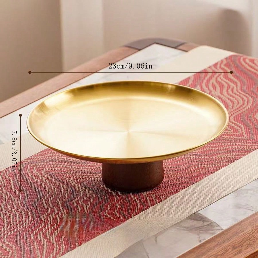 1 pieza Plato de frutas de acero inoxidable de lujo, Elegante soporte para pastel, Bandeja de exhibición de mesa de centro de sala de estar con pie de madera