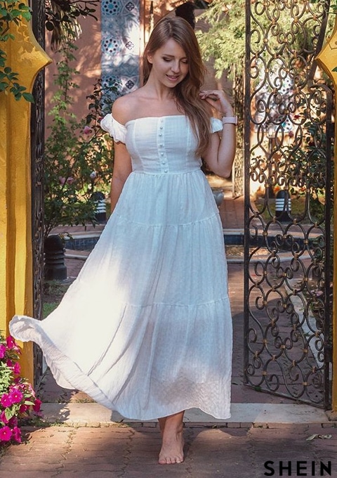 Off Shoulder Button Front Shirred Dress | SHEIN USA