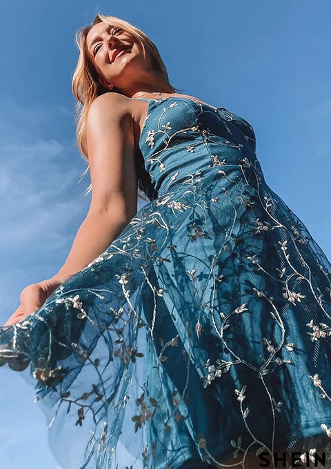 Criss Cross Tie Back Floral Embroidery Mesh Cami Dress | SHEIN UK