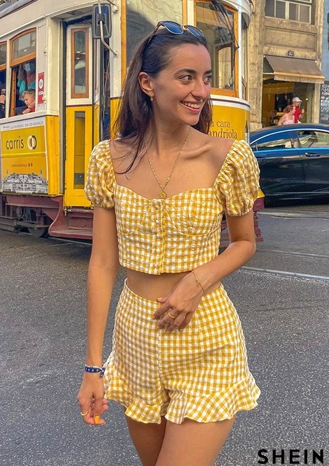 SHEIN WYWH Gingham Puff Sleeve Top & Ruffle Hem Shorts Set | SHEIN UK