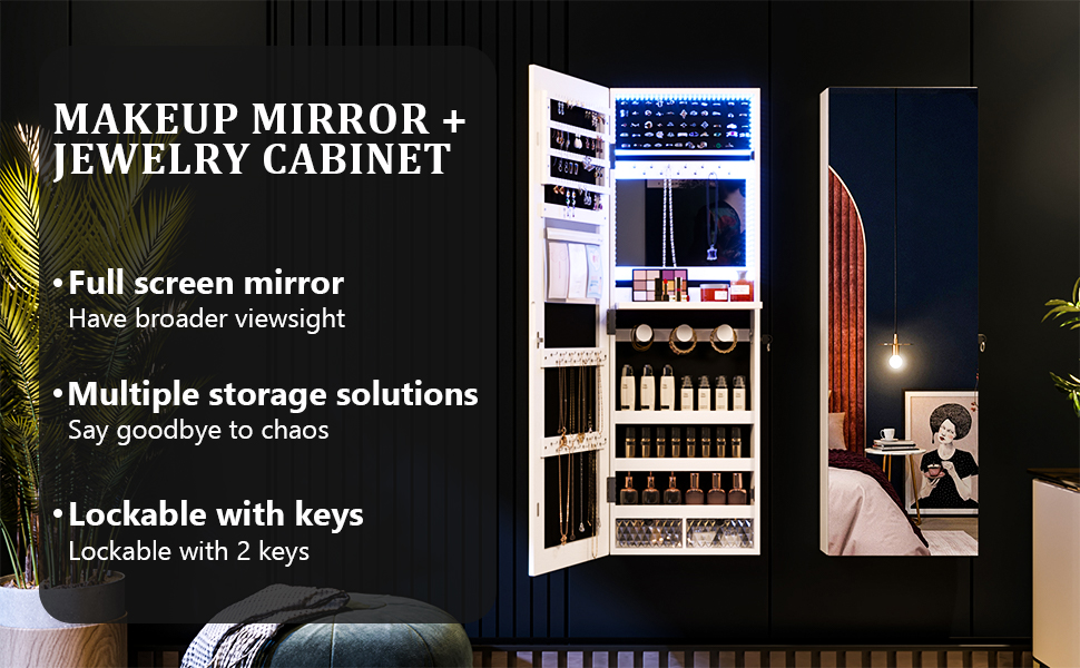 Jewelry Armoire with Mirror 4 Tier Storage Over the Door Jewelry Organizer with Mirror Full Length Mirror Jewelry Cabinet Jewelry Cabinet Armoire with Mirror White Wood color  p 15019368