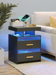 MARZTEC Nightstand with LED Lights 2 USB Charging Station Bedside Table with 2 Drawer Open Storage Shelf Modern Design End Side Table for Living Room Smart Night Stand with Human Body Induction p 16767964