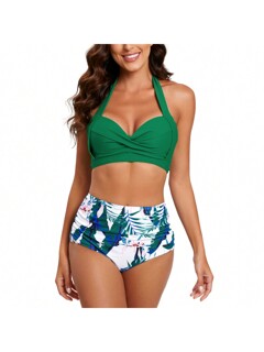 Women s Swimsuit High Waist Lace Up Halter Two Piece Set Vintage Retro Ribbed Push Up High Waist Bathing Suit With Clasp p 24648872