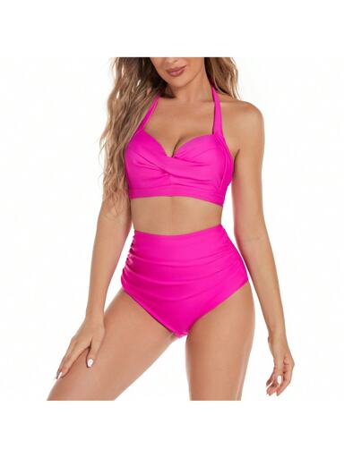 Women s Swimsuit High Waist Lace Up Halter Two Piece Set Vintage Retro Ribbed Push Up High Waist Bathing Suit With Clasp p 24669508