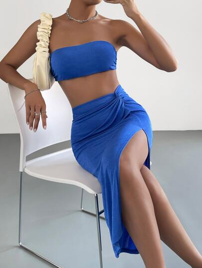 Firerie Spring Break Crop Tube Top Twist Split Thigh Skirt Two Piece p 11596883
