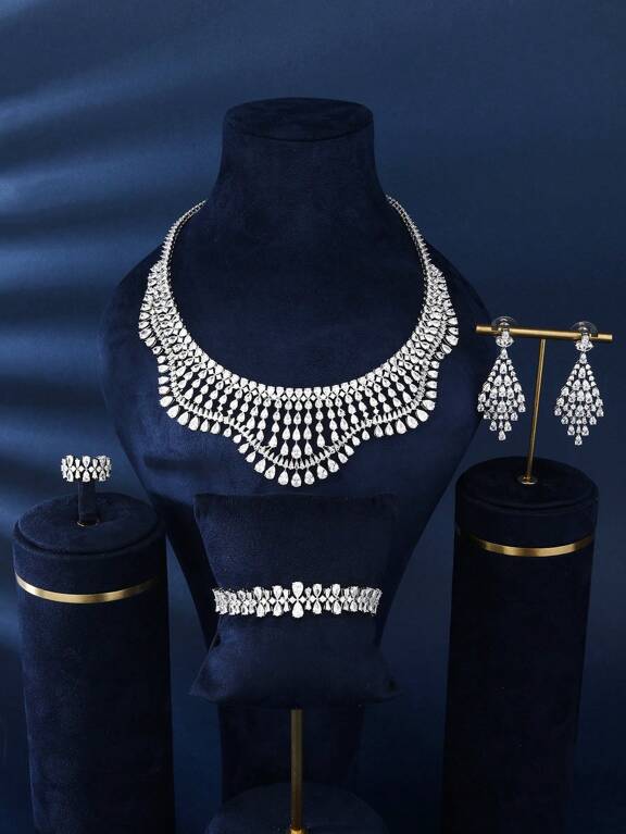 4 Pieces Silver Fashionable Cubic Zirconia Wedding Banquet Luxury Necklace Earrings Bracelet Open Ring Suitable For Women s Daily Wear p 27120229