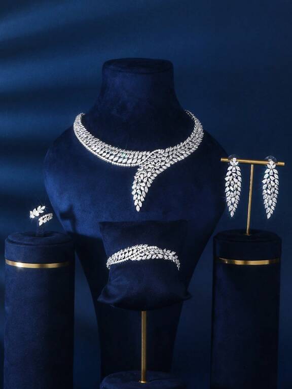 4pcs Silver Color Luxurious Glamorous Jewelry Set For Women Necklace Bracelet Earrings And Open Ring Perfect For Daily And Party Wear p 26863176