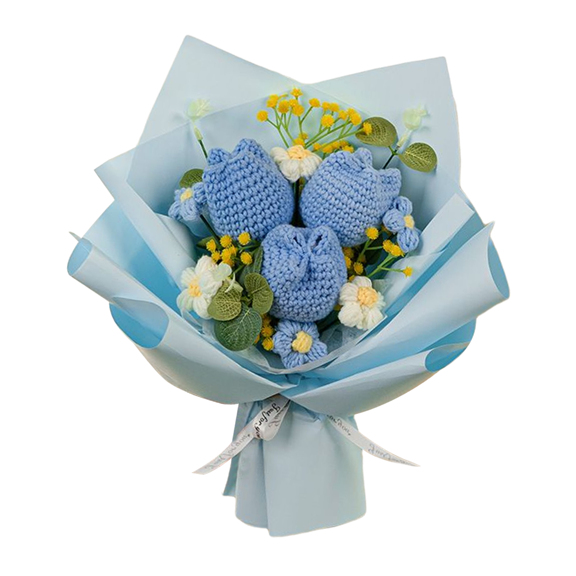 1pc Handmade Knitted Woolen Flower Bouquet With Tulip Forever Flower Mother Day Gift For Mom Rose Dry Flower Blue Tulip Woolen Flower Bouquet p 32650136