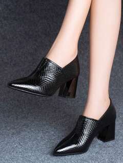 British Style Women s Fashion Embossed Pointed Deep Mouth Pumps Black Color High Thick Heels Comfortable p 26509463