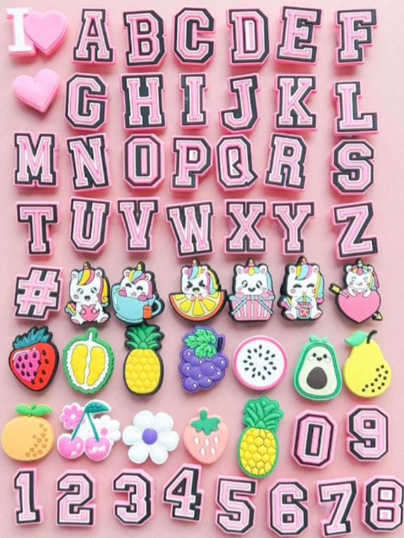 57 PCS Fruit Letter Series Pink Letter Unicorn Fruit Pink Number Durian Strawberry Pineapple Grape Shoe Charms For ClogsSandals Decoration DIY Shoe Accessories p 32821678