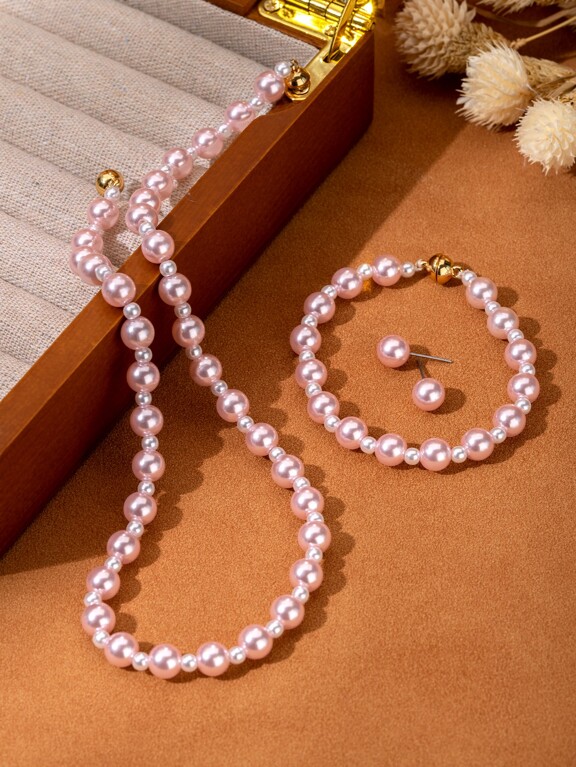 One Set Of Pink Beaded Necklace Bracelet Earrings French Style Vintage Elegant Sweet Delicate High End Fashion Jewelry Set p 33451459