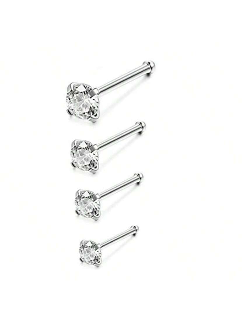 4pcs Silver Zirconia Nose Studs Stainless Steel Straight Bar Nose Rings Artificial Zirconia Nose Jewelry Suitable For Daily Wear And Gift p 30440578
