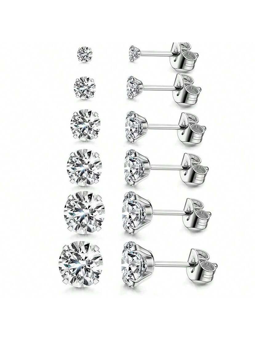 6 Pairs Of Stainless Steel European And American Cross Border Four Claw Artificial Zirconia Stud Earrings Fashion Simple Personality Mini Ear Bone Nail Gift For Men And Women p 28646859