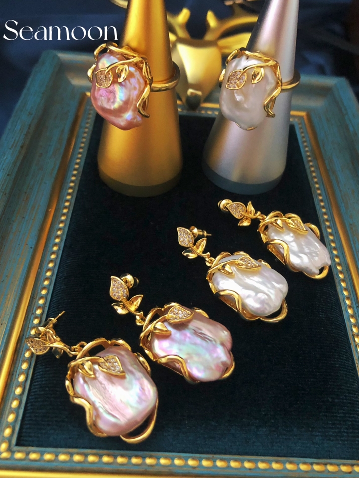 SeaMoon Natural Baroque Shaped Pearl Ring And Earring Set Unique And Fashionable Women s Earrings And Open Ended Leaf Shaped Bracelet With Personalized Design p 34908303
