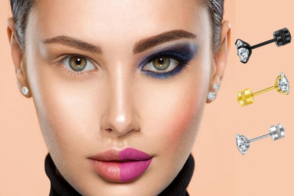 1pair Fashion Stainless Steel Cubic Zirconia Decor Stud Earrings For Women Men For Daily Decoration p 17049579