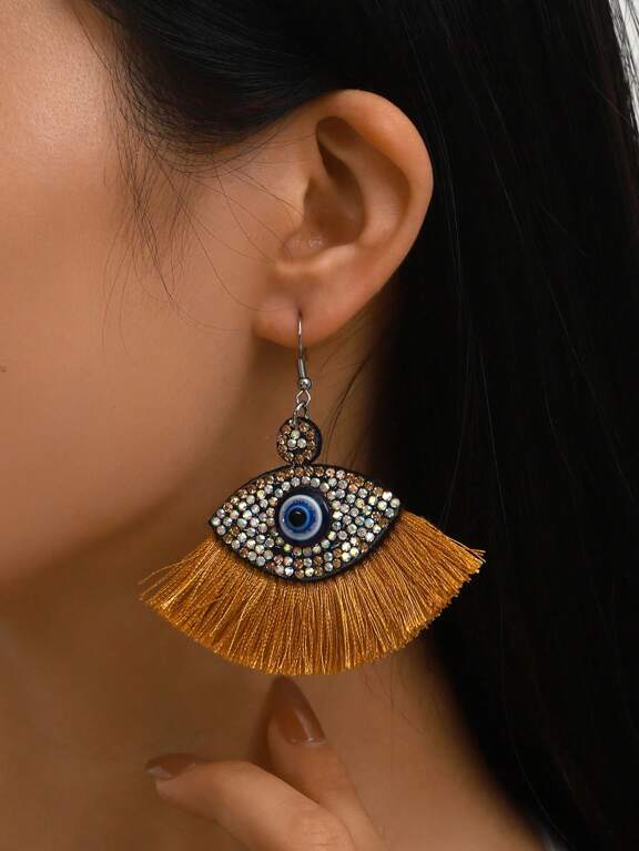 2pcs Bohemian Earrings Velvet Eye Shaped Earrings With Tassels And Rhinestone Decoration Suitable For Women And Girls p 35198683