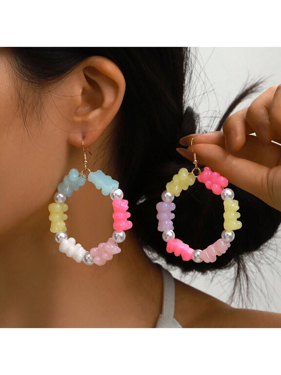 2pcs Lovely Candy Colored Circular Bear Earrings Suitable For Women s Daily Wear p 35437130